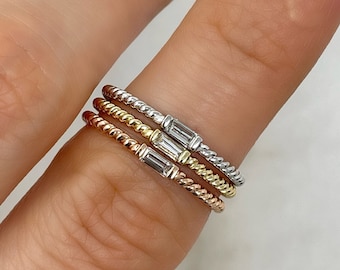 Baguette Diamond Ring With Twisted Rope Band, Braided Solid Gold Diamond Ring, Minimalist Solitaire Ring, Dainty Stackable Band