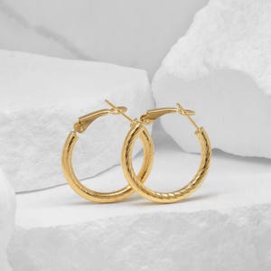 14k Yellow Gold Hoop Earrings - Italian Gold Hollow Hoops - Omega Back Hoops - Round Twisted Hoops - Rope Hoops- Small/Medium Hoops- 2 Sizes
