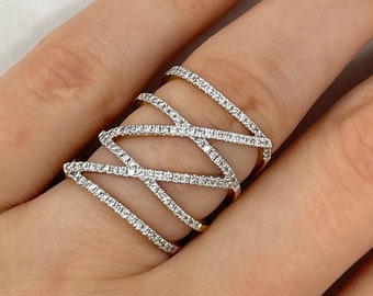 Multi-Band Ring In Solid Gold, Micro Pave Diamond X-Ring, Criss Cross Ring, X Crossover Ring, Gift for Women