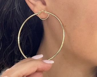 14k Yellow Gold Hoop Earrings - Shiny Italian Gold Earrings - Classic Round Tubular Hoops - Hollow Lightweight Gold Hoops- Extra Large Hoops