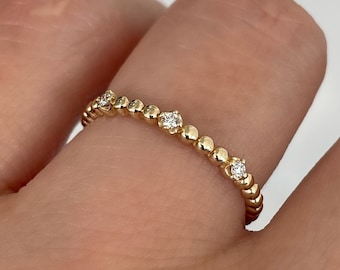 3 Stone Beaded Diamond Ring, Solid Gold Wedding Band, Anniversary Ring, Real Gold Stackable Ring, Past Present Future Jewelry