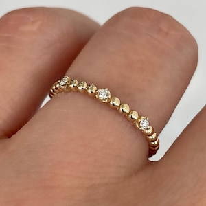 3 Stone Beaded Diamond Ring, Solid Gold Wedding Band, Anniversary Ring, Real Gold Stackable Ring, Past Present Future Jewelry