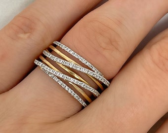 14k Solid Gold Diamond Multi-Row Ring - Multi-Band Diamond Ring - Diamond Cross Over Ring - Gold Coil Ring- Criss Cross Ring- Gold Wrap Ring