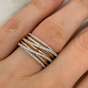 14k Solid Gold Diamond Multi-Row Ring - Multi-Band Diamond Ring - Diamond Cross Over Ring - Gold Coil Ring- Criss Cross Ring- Gold Wrap Ring