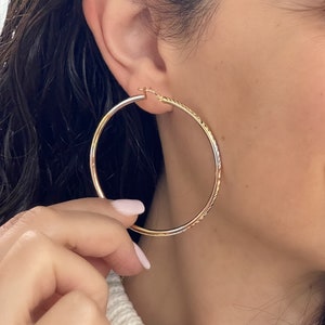 14k Tri-Color Gold Hoop Earrings - Italian Gold Diamond-Cut Hoops- Large Round Hollow Lightweight Tube Hoops- 3 Color Gold Rope Design Hoops