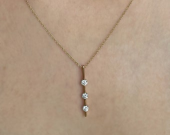 Past Present Future Necklace With Natural Diamonds, Gold Vertical Bar Pendant, 3 Stone Linear Necklace