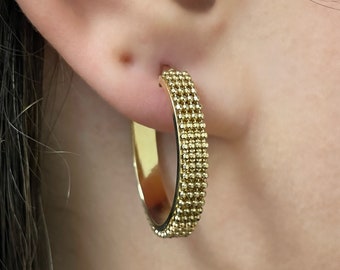 14k Gold Hoop Earrings - Hollow Italian Gold Earrings - Beaded Hoop Earrings - Gold Ball Hoop Earrings - Gold Bead Hoops - Ball Hoop Earring