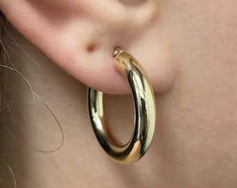 14k Yellow Gold Hoop Earrings - Hollow Italian Gold Earrings - Chunky Hoops - Round Thick Hoop Earrings - Shiny Hoops - Small Yellow Hoops