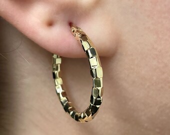 14k Yellow Gold Hoop Earrings - Hollow Italian Gold Earrings - Fancy Faceted Hoops - Tubular Shiny Hoops - Lightweight Hoops - Medium Hoops