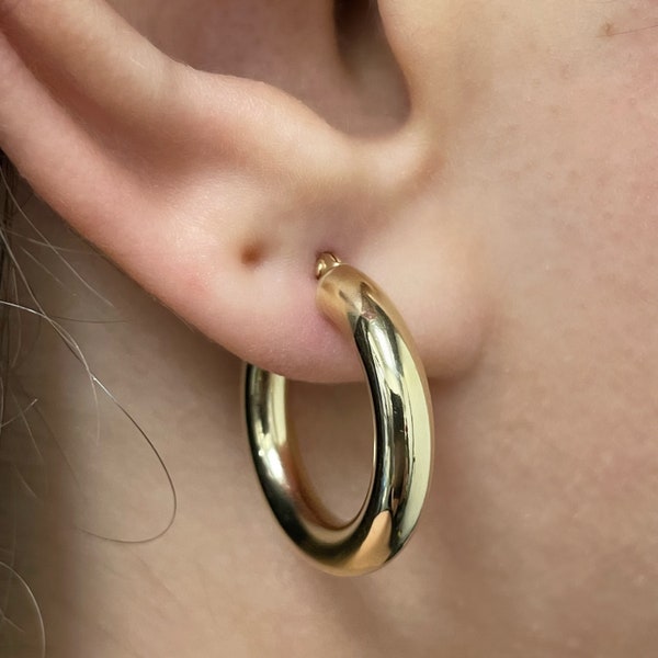 14k Yellow Gold Hoop Earrings - Hollow Italian Gold Earrings - Chunky Hoops - Round Thick Hoop Earrings - Shiny Hoops - Small Yellow Hoops