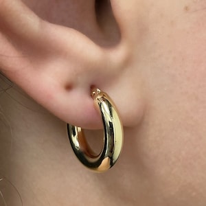 14k Yellow Gold Hoop Earrings - Hollow Italian Gold Earrings - Chunky Hoops - Round Thick Hoop Earrings - Shiny Hoops - Mini/Small Hoops