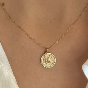 14k Solid Gold Medallion Diamond Zodiac Pendant Necklace - Leo Necklace - Dainty Zodiac Jewelry - Medallion Necklace - Horoscope Necklace