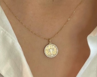 Zodiac Coin Pendant Necklace With Diamonds, Scorpio Medallion Pendant In Solid Gold, 10k or 14k