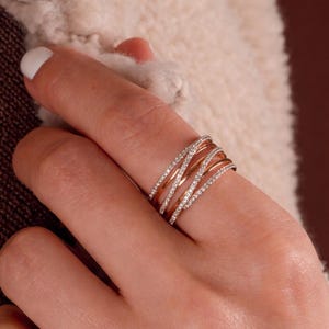 Diamond Wrap Ring, Real Gold Multi-Row Ring, Multi-Band Diamond Ring, Cross Over Ring