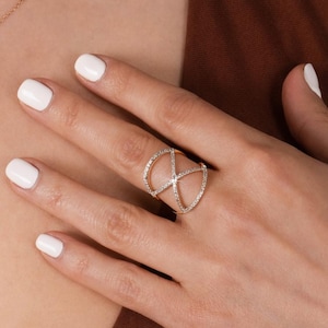 Diamond X Ring, Solid Gold Geometric Ring, Dainty Criss Cross Ring With Natural Diamonds