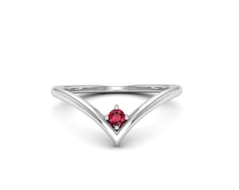 14k Solid Gold V Ring - 14k Gold Chevron Ring - Diamond V Ring - July Birthstone Ring - Red Ruby Gemstone Ring - Dainty Solitaire Ring
