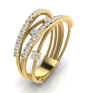 Real Gold Ring / Real Gold Jewelry / Diamond Ring / High Quality Jewelry / Natural Diamond Ring / Conflict-Free Diamonds / Gold Diamond Criss Cross Band / Gold Cross Over Ring / Multi-Row Diamond Band / Unique Dainty Statement Ring / Gold Wire Ring