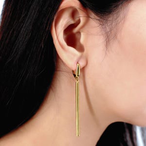 14k Gold Bar Earrings - Italian Gold Hollow Bar Dangle Earrings- Minimalist Vertical Bar Drop Earrings- Thin Long Linked Circle Bar Earrings