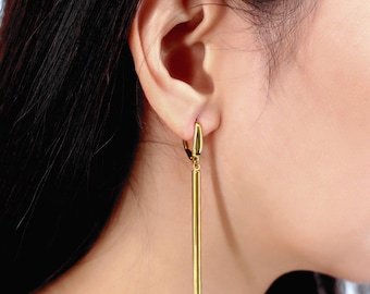 14k Gold Bar Earrings - Italian Gold Hollow Bar Dangle Earrings- Minimalist Vertical Bar Drop Earrings- Thin Long Linked Circle Bar Earrings