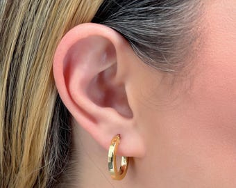 14k Yellow Gold Hoop Earrings - Hollow Italian Gold Earrings - Oval Square Tube Hoops - Shiny Gold Hoops - Lightweight Hoops - Small Hoops