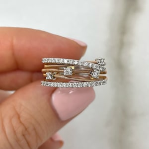 Real Gold Ring / Real Gold Jewelry / Diamond Ring / High Quality Jewelry / Natural Diamond Ring / Conflict-Free Diamonds / Gold Diamond Criss Cross Band / Gold Cross Over Ring / Multi-Row Diamond Band / Unique Dainty Statement Ring / Gold Wire Ring