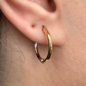 14k Two-Tone Gold Small Thin Hoop Earrings - Hollow Italian Gold Earrings - Yellow and White Gold Hoop Earrings - Shiny Hoops - Round Hoops