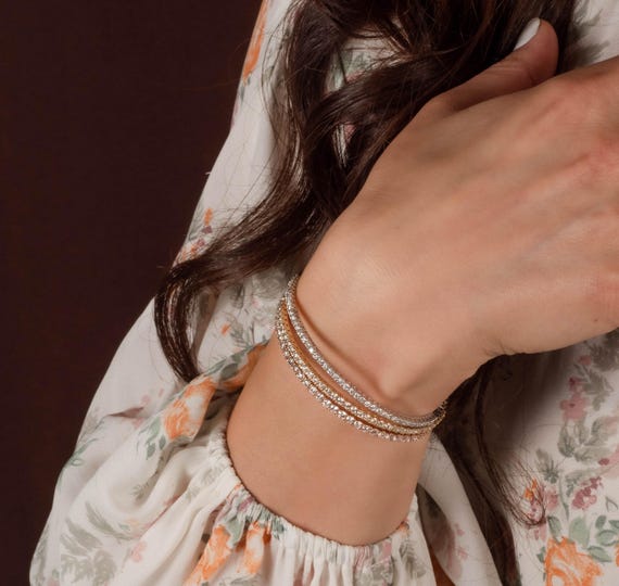 Flexible Lab Diamond Bracelet, Solid Gold 7" Bangle With Micro Pave Setting, Stackable Bracelet, 1.25 Carat