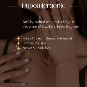 May include: Close-up of gold jewelry, including rings, a bracelet, and a necklace. The image includes the text "Hypoallergenic" and highlights that the jewelry is crafted with real solid gold, free of toxic materials, soft on the skin, and nickel & lead-free.