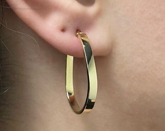 Aros de oro de 14 k - Aros italianos de oro amarillo - Aros oblongos en forma de U - Aros ovalados tubulares planos y ligeros - Aros elegantes de oro brillante