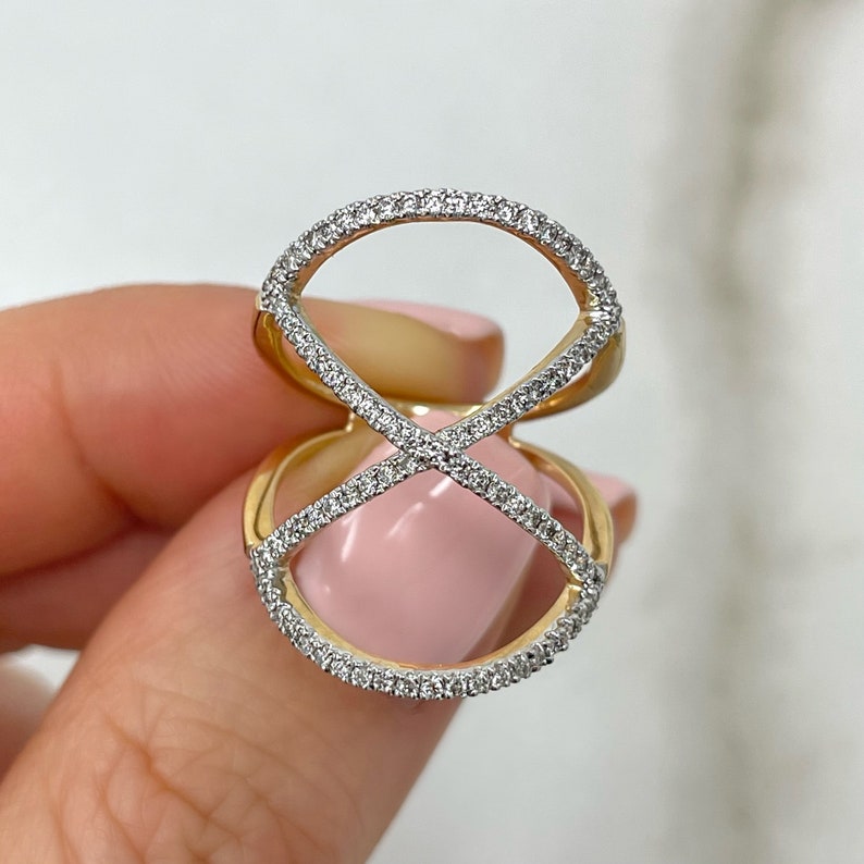 Real Gold Ring / Real Gold Jewelry / Diamond Ring / Statement Ring / High Quality Jewelry / Natural Diamond Ring / Conflict-Free Diamonds / Gold X Ring / Diamond X Ring / 14k Gold Diamond X Ring / Dainty X Diamond Ring / Gold Orbital Diamond Ring