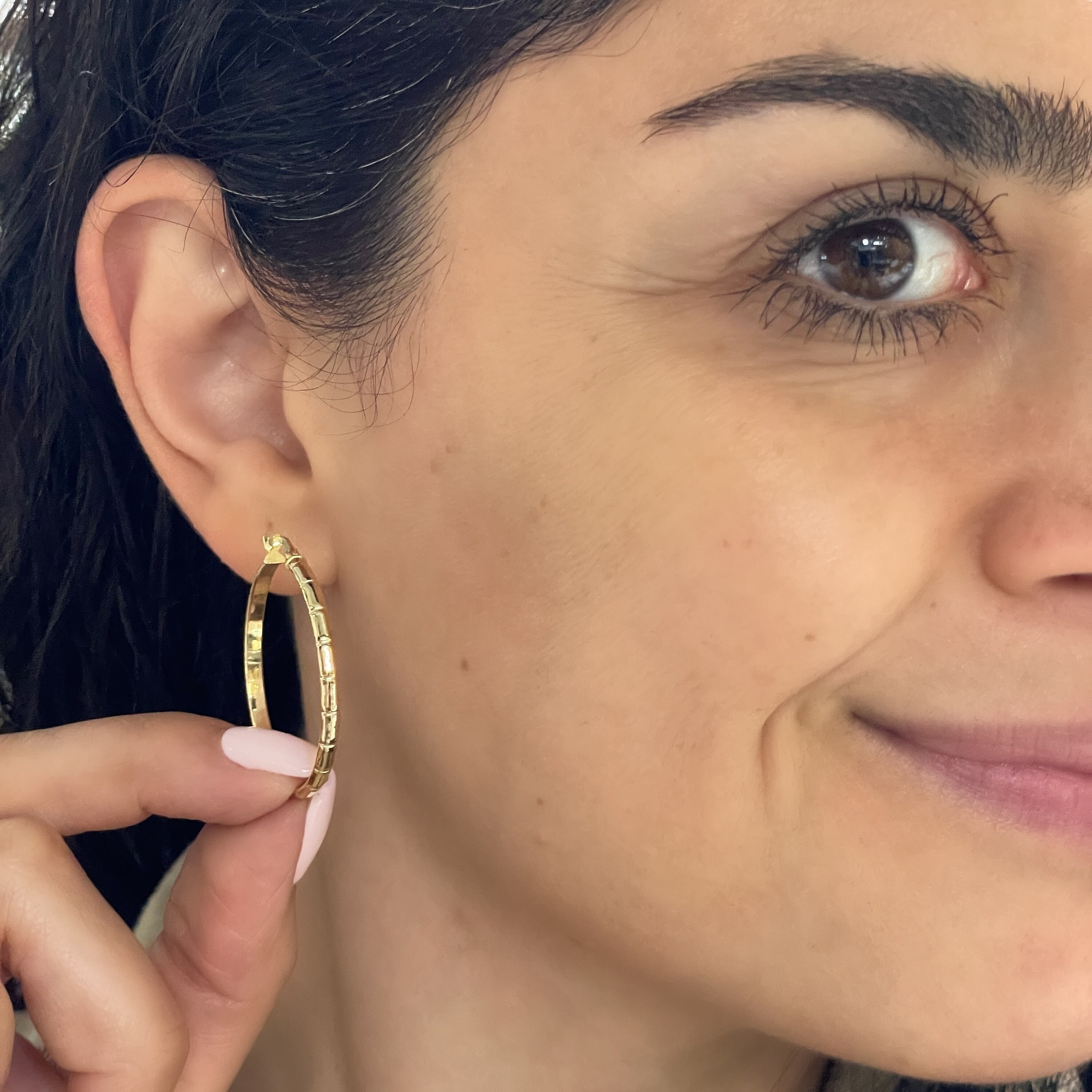 14k Gold Hoop Earrings - Italian 14k Gold Earrings - Shiny Bamboo Gold Hoops - Dainty Lightweight Hoops- Unique Textured Hoops- Size Options