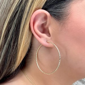 14k Yellow Gold Hoop Earrings - Hollow Italian Gold Earrings - Textured Round Shiny Gold Hoops - Punctured Hole Big Hoops- Diamond Cut Hoops