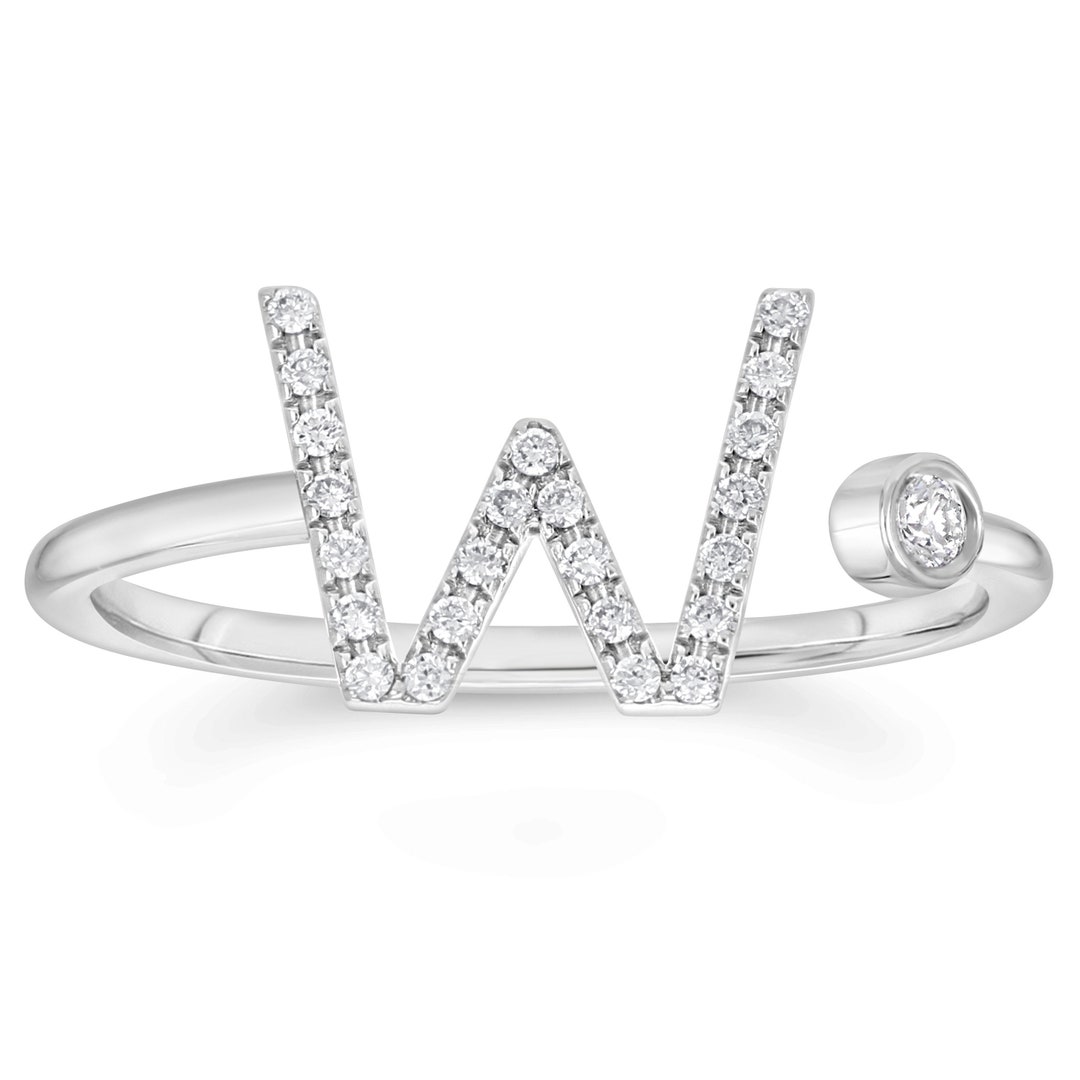 14k Solid Gold Open Cuff Initial Letter W Diamond Ring Dainty Initial ...