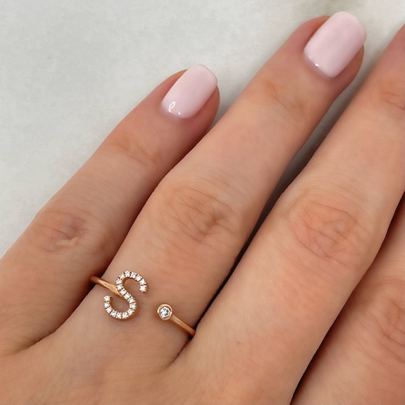 14k Solid Gold Open Cuff Initial Letter T Diamond Ring Dainty Initial Letter Ring Name Letter Ring Alphabet Ring Personalized Gift Etsy