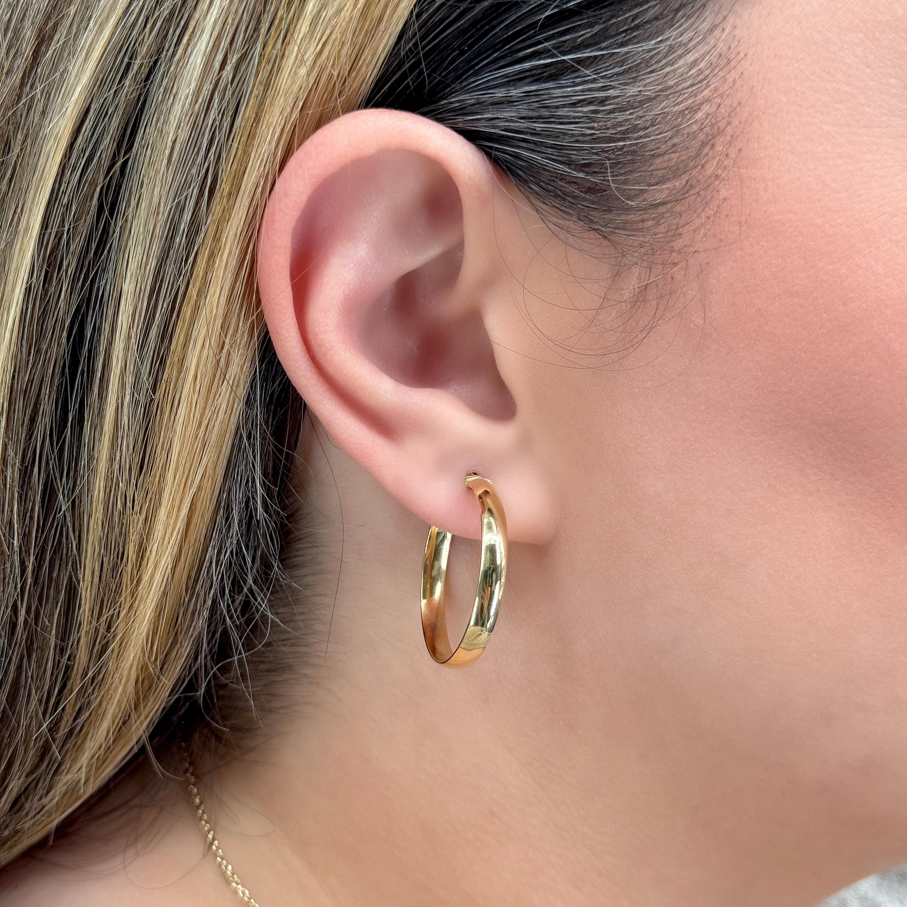 Classic Gold Hoops, Lightweight Flat Hoop Earrings in 14k Yellow