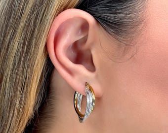 Yellow & White Gold Entwined Stacked Hoops, 14k Two-Tone Gold Hoop Earrings, Elegant Shiny Triple Hoops