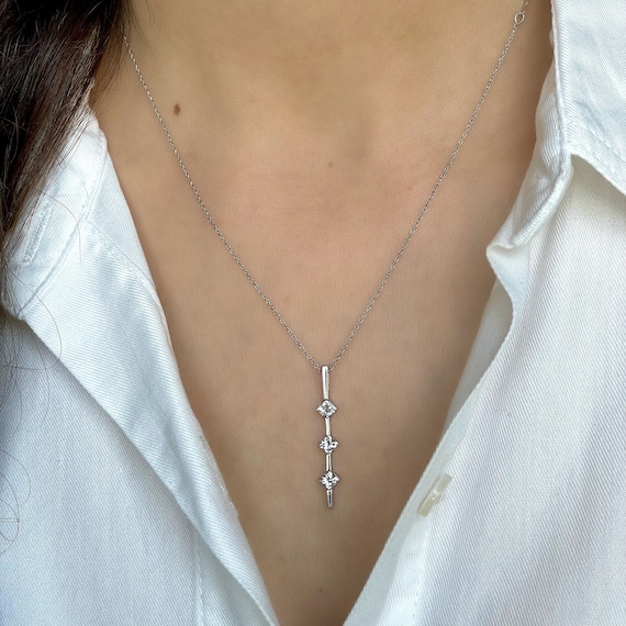 14k Solid Gold Diamond Vertical Bar Necklace 3 Stone Vertical Line