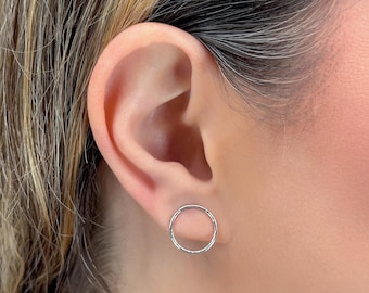 Slim Open Circle Earrings In 14k Gold, Circle Stud Earrings, White or Rose Gold, Thin Textured Round Studs, Twisted Hoop Studs