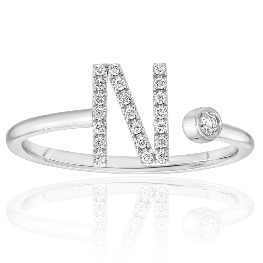Bague en or massif 14 carats avec lettre initiale N et diamants