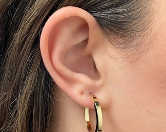 14k Gold Hoop Earrings - Italian Yellow Gold Earrings - Hollow Square Tube Hoops - High Polished Shiny Gold Hoops - Small Medium Flat Hoops
