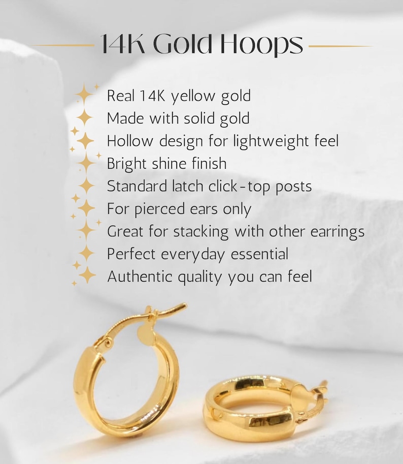 May include: A pair of 14K yellow gold hoop earrings with a bright shine finish and latch click-top posts. The text 14K Gold Hoops is displayed above a list of features including real 14K yellow gold, solid gold construction, and a hollow design.
