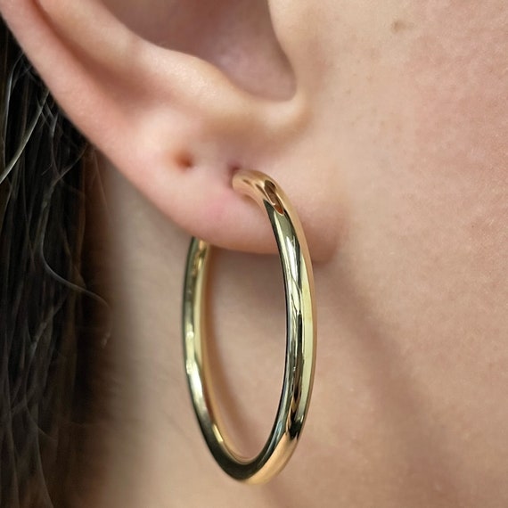 14k Gold Round Hoop Earrings Hollow Italian Gold Earrings Lightweight Shiny Gold Hoops 3mm Thick 36mm Height Various Sizes Available Etsy