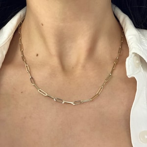 14k Gold Paper Clip Chain Necklace - Gold Link Paperclip Necklace - Italian 14k Yellow Gold Hollow Oval Link Chain- 3.2mm 18&quot; Necklace Chain