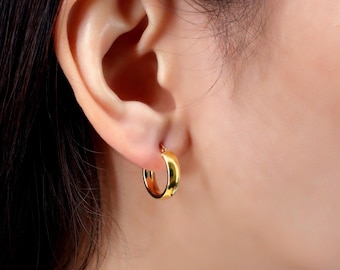 14k Gold Hoop Earrings - Hollow Italian Gold Earrings - Shiny Round Hoops - Trendy Minimalist Hoops - Classic Gold Hoops - Flat Wide Hoops
