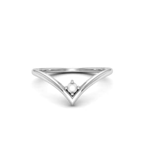 May include: A silver ring with a single, small, round, white gemstone set in a V-shaped band.
