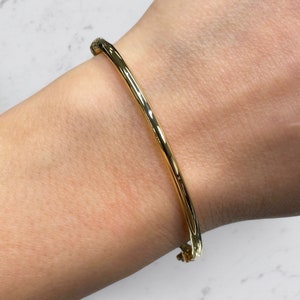 14k Gold Bangle - Italian Yellow Gold Bangle - 3MM, 7&quot; Inch Classic Gold Bracelet Bangle - Oval Hollow Tube Bracelet - Polished Plain Bangle
