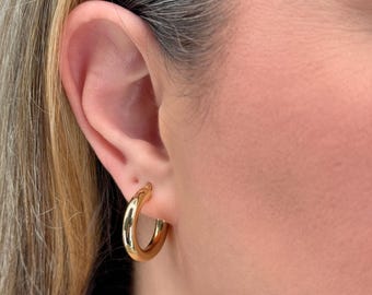 Chunky Yet Dainty! LOUMILEO 14K Gold Plated Hoop Earrings – Hypoallergenic Small Huggie Hoops For Women (14mm, Gift Ready) - View #4