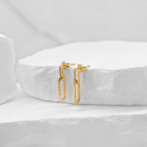 14k Gold Paperclip Earrings - Shiny Double Hoop Earrings - Gold Drop Earrings - Two Hoop Cable Link Earrings - Double Link Earrings