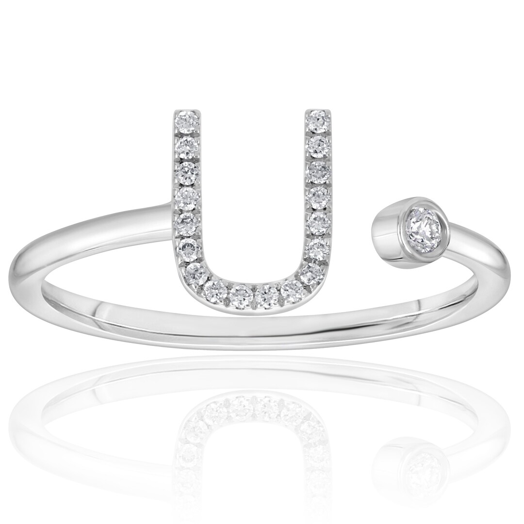 14k Solid Gold Open Cuff Initial Letter U Diamond Ring - Dainty Initial ...