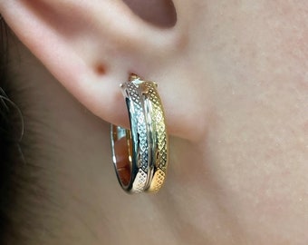Two-Tone Hoop Earrings, 14k Yellow And White Gold Hoops, Double Hoops With Hollow Design, Waffle Punctured Hole Hoops